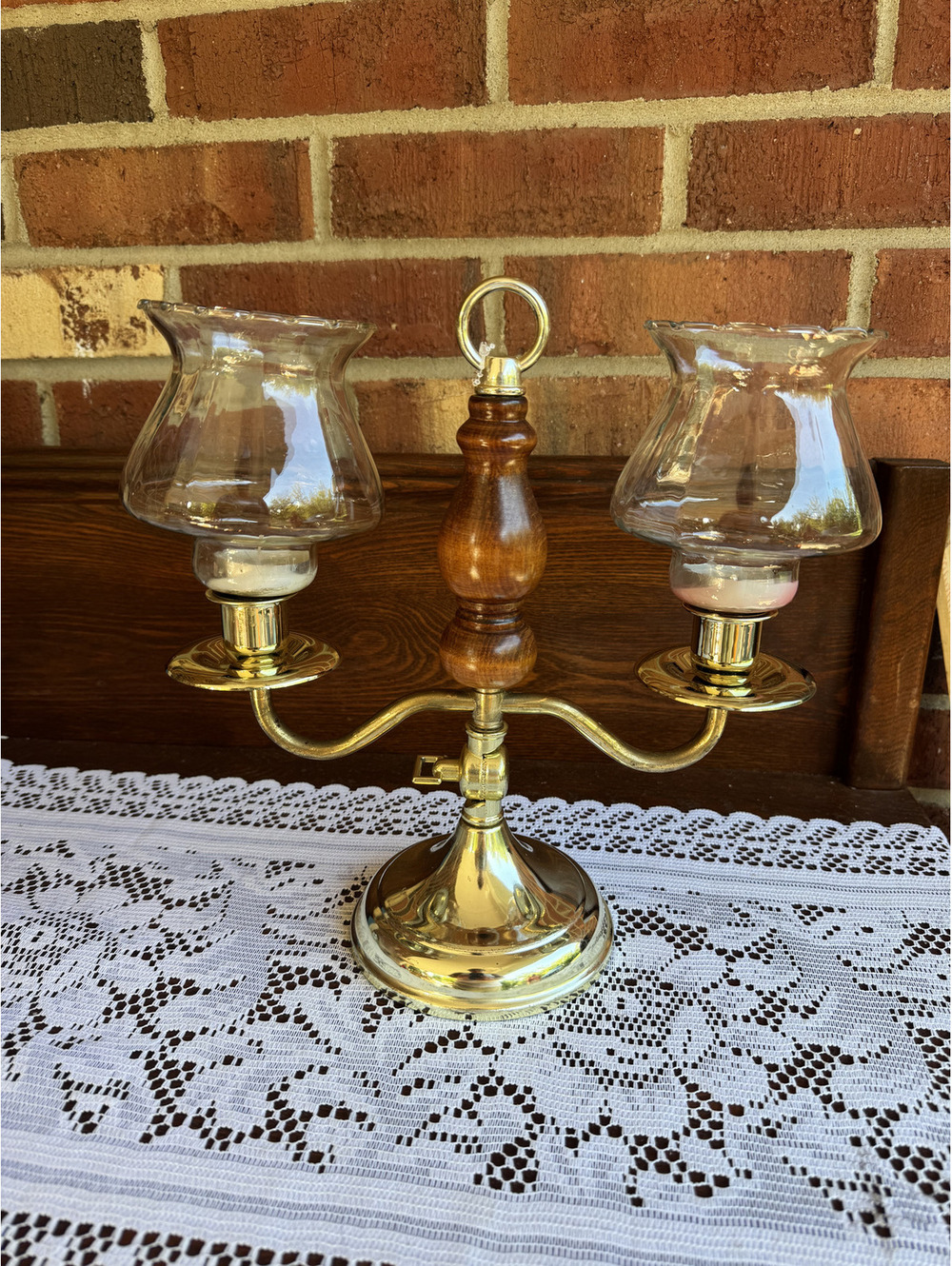 Vintage Metal and Wood Double Arm Candle Holder with Glass Shades